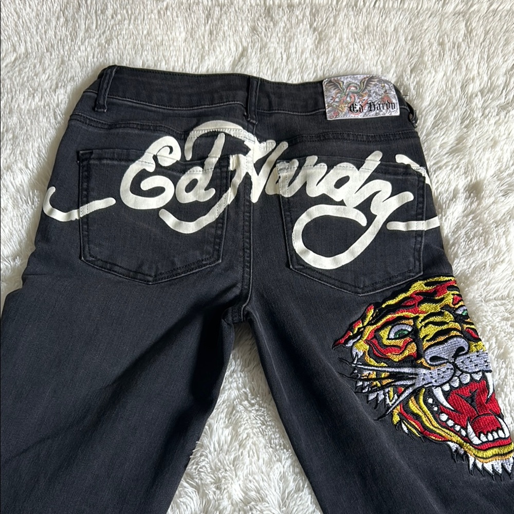 Black Ed Hardy jeans with tiger embroidery
